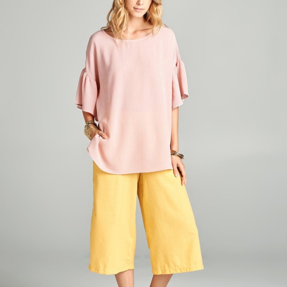 Pink & White Striped Ruffle Bell Sleeve Blouse